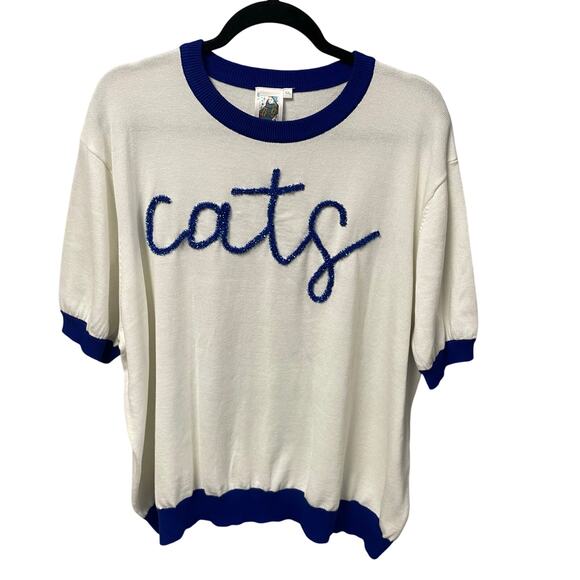 Queen of Sparkles Short Sleeve Tinsel Glitter Script Cats Sweater White Blue XXL - Picture 1 of 6